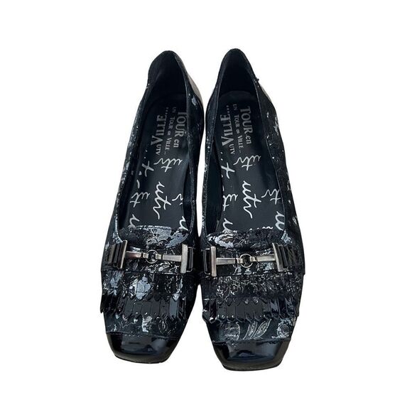 UTV‎ Un Tour en Ville Black Silver Floral Pattern Fringe Buckle Square Toe Shoes - Picture 4 of 14